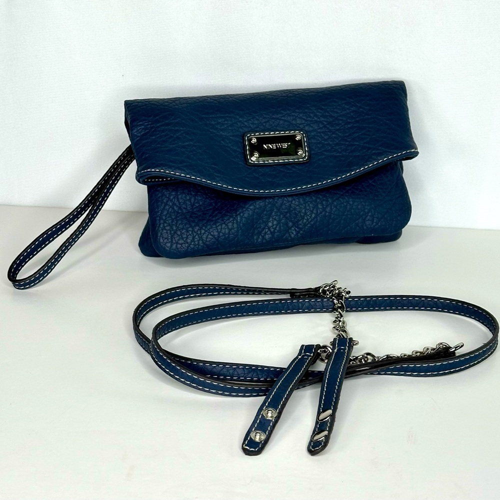Nine West Foldover Crossbody/Wristlet Blue Pebble Faux Leather